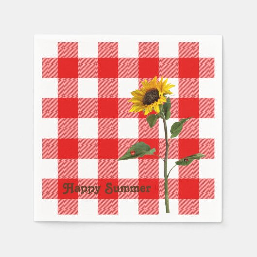 水牛の格子柄のヒマワリとレディーバグ スタンダードカクテルナプキン (正面)