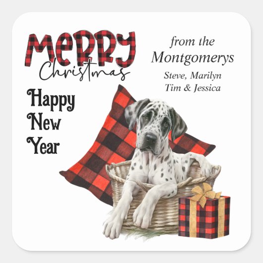 水牛の格子柄の偉大なダン子犬のクリスマス スクエアシール (正面)