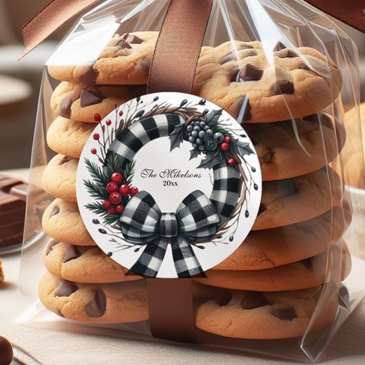 水牛の格子模様の白黒ファミリークリスマス ラウンドシール