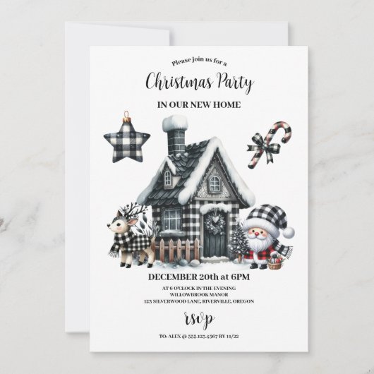 水牛の格子模様の白黒ファミリークリスマス 招待状 (正面)