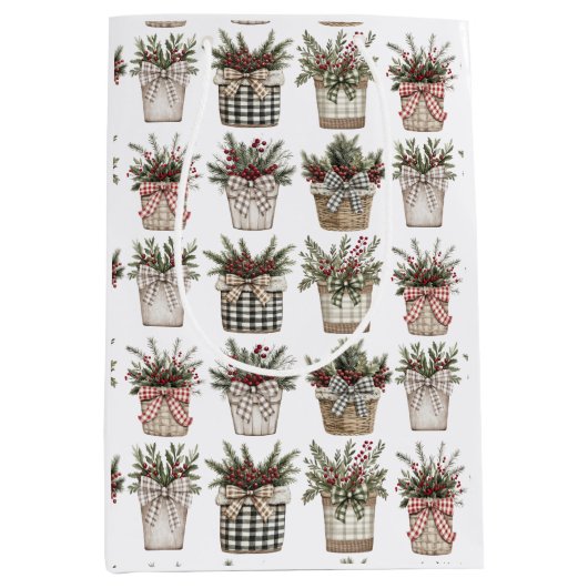 水牛の格子縞バスケット | ファームハウスクリスマス ミディアムペーパーバッグ (正面)