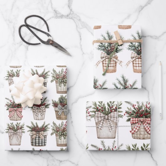 水牛の格子縞バスケット | ファームハウスクリスマス ラッピングペーパーシート (正面)