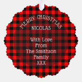 水牛の格子赤の可愛いクリスマスおもしろい豚 オーナメントカード (裏面)