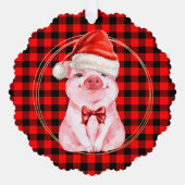 水牛の格子赤の可愛いクリスマスおもしろい豚 オーナメントカード (正面)