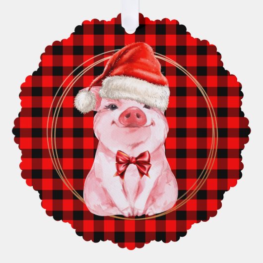水牛の格子赤の可愛いクリスマスおもしろい豚 オーナメントカード (正面)