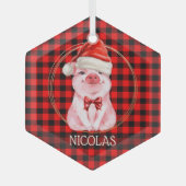 水牛の格子赤の可愛いクリスマスおもしろい豚 ガラスオーナメント (正面)