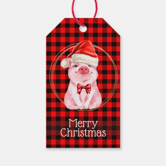 水牛の格子赤の可愛いクリスマスおもしろい豚 ギフトタグ (正面)