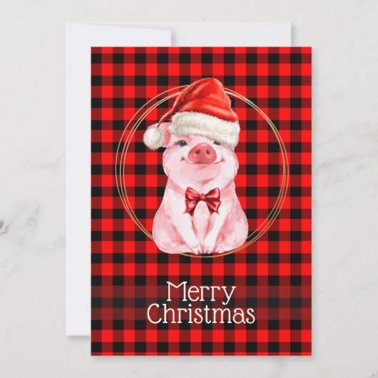 水牛の格子赤の可愛いクリスマスおもしろい豚 シーズンカード (正面)