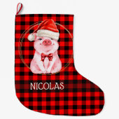 水牛の格子赤の可愛いクリスマスおもしろい豚 ラージクリスマスストッキング (正面)