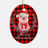 水牛の格子赤の可愛いクリスマス素朴豚 セラミックオーナメント (裏面)