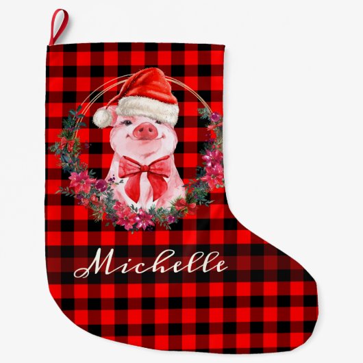 水牛の格子赤の可愛いクリスマス素朴豚 ラージクリスマスストッキング (正面)