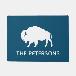 水牛シルエッパーソナライズされたトブルーとホワイト ドアマット