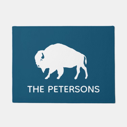 水牛シルエッパーソナライズされたトブルーとホワイト ドアマット (正面)