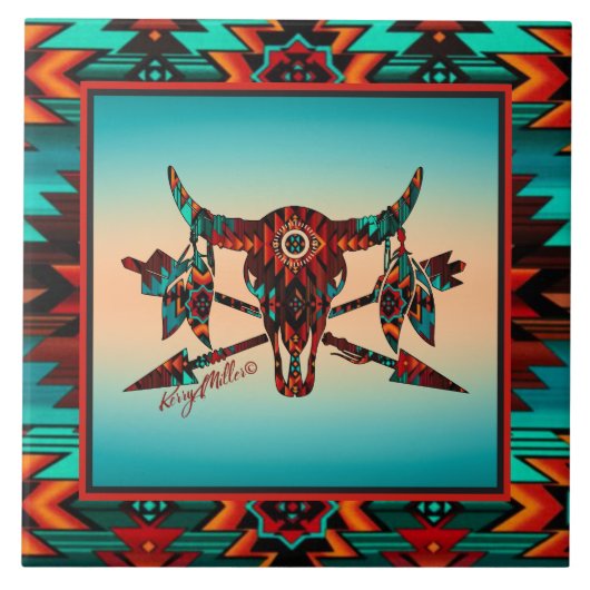 水牛スカルと矢印セラミックタイル タイル (正面)