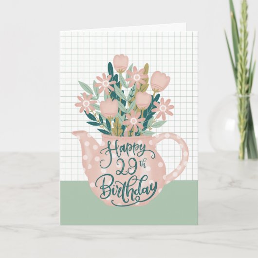 水玉のお花のティーポットとHappy 29th Birthday カード (正面)