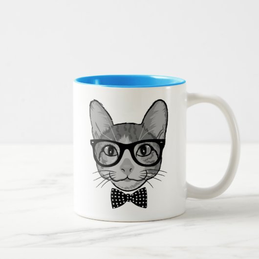 水玉の蝶ネクタイをしたヒップスター猫 ツートーンマグカップ (右)