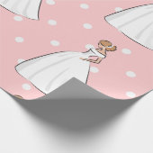 水玉ピンクのウェディングシャワー 白いウェディングドレス ラッピングペーパー (角)