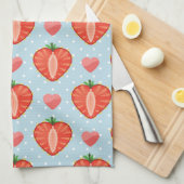 水玉模様およびハートが付いているハートのいちご キッチンタオル (四つ折り)
