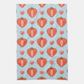 水玉模様およびハートが付いているハートのいちご キッチンタオル (縦)