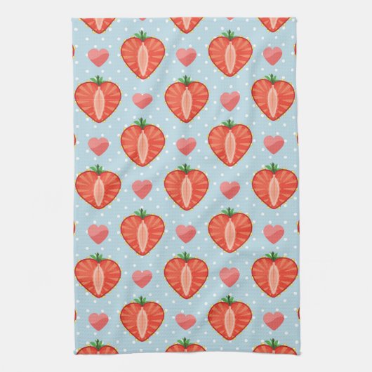 水玉模様およびハートが付いているハートのいちご キッチンタオル (縦)