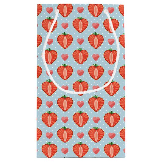 水玉模様およびハートが付いているハートのいちご スモールペーパーバッグ (裏面)