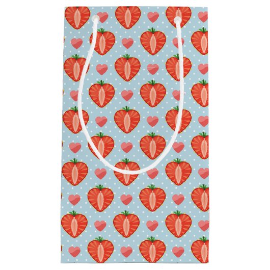 水玉模様およびハートが付いているハートのいちご スモールペーパーバッグ (正面)