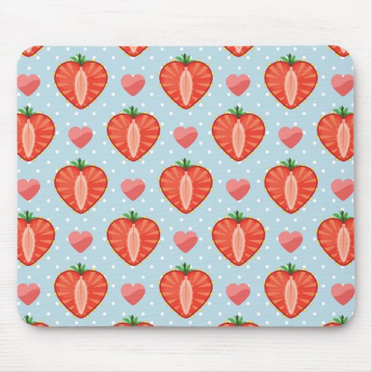 水玉模様およびハートが付いているハートのいちご マウスパッド (正面)