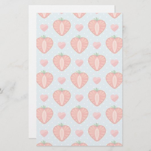 水玉模様およびハートが付いているハートのいちご 便箋 (正面/裏面)