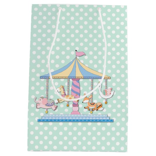 水玉模様および動物の回転木馬のベビーのギフトバッグ ミディアムペーパーバッグ (裏面)