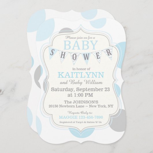 水玉模様および旗布のモダンなベビーシャワーの招待 招待状 (正面/裏面)