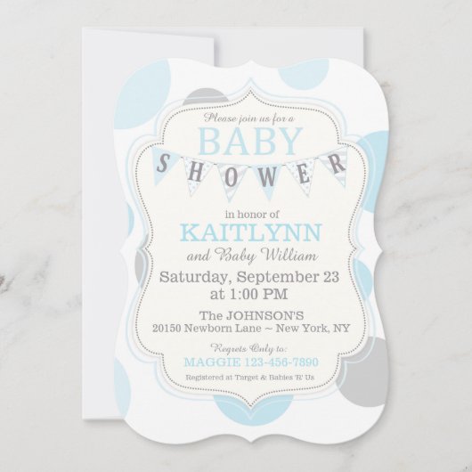 水玉模様および旗布のモダンなベビーシャワーの招待 招待状 (正面)