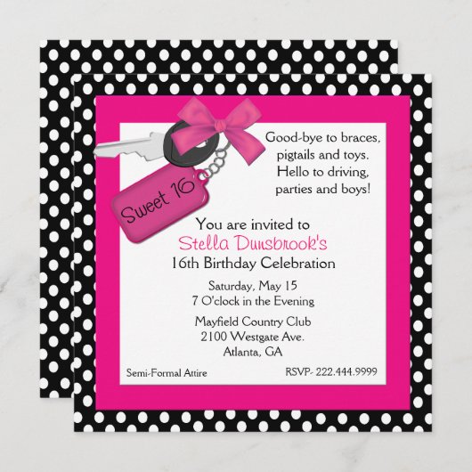 水玉模様および車の鍵の菓子16の招待状 招待状 (正面/裏面)