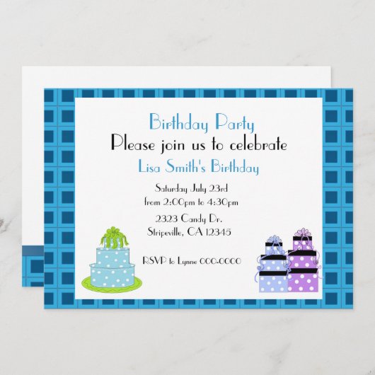 水玉模様お誕生日ケーキパーティの招待状 招待状 (正面/裏面)