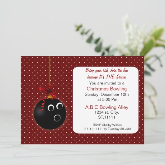 水玉模様かわいい赤いクリスマスボーリング招待状 招待状 (スタンド正面)