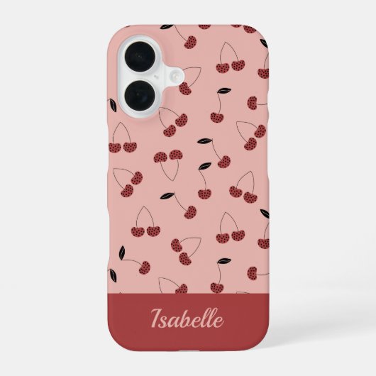 水玉模様さくらんぼ果実模様名前をカスタムする iPhone 16ケース (裏面)