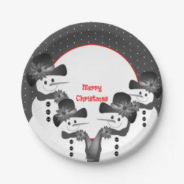 水玉模様とクリスマス雪だるまラウンド ペーパープレート