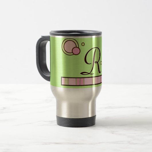 水玉模様とストライプモノグラムマグ – ピンク&グリーン トラベルマグ (正面左)