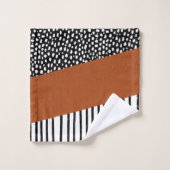 水玉模様とストライプ（黒/白/燃えたオレンジ） バスタオルセット (ウォッシュタオル)