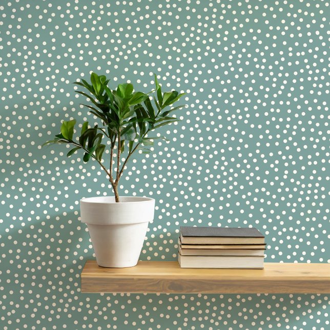 水玉模様とスポットクリームオンセージグリーン 壁紙 (Pretty polka dots and spots pattern peel and stick wallpaper in cream and sage green)