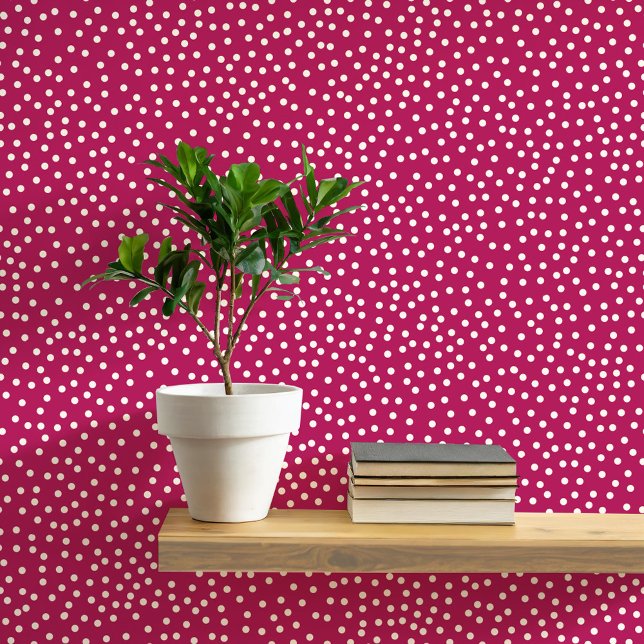 水玉模様とスポットクリームオンマゼンタレッド 壁紙 (Pretty polka dots and spots pattern peel and stick wallpaper in cream and rich magenta red)