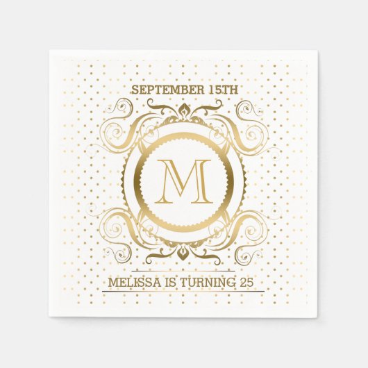 水玉模様とフローラフレーム(白と金ゴールド) スタンダードカクテルナプキン (正面)