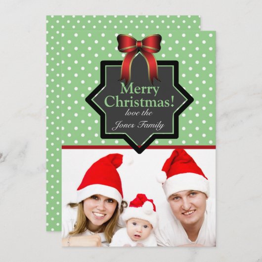 水玉模様とボウフェスティバルカスタム写真クリスマス シーズンカード (正面/裏面)
