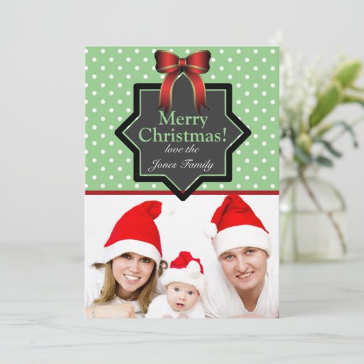 水玉模様とボウフェスティバルカスタム写真クリスマス シーズンカード (スタンド正面)