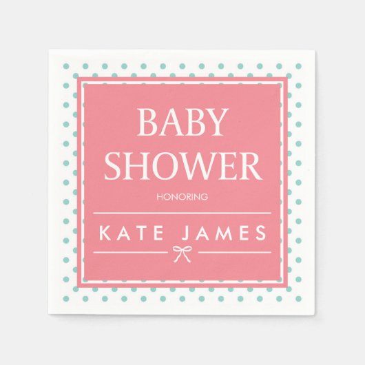 水玉模様とリボンピンクベビーシャワー スタンダードカクテルナプキン (正面)