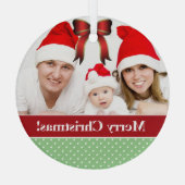 水玉模様とレッドボウの写真カスタムクリスマス ガラスオーナメント (裏面)