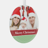 水玉模様とレッドボウの写真カスタムクリスマス ガラスオーナメント (正面右)