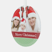 水玉模様とレッドボウの写真カスタムクリスマス ガラスオーナメント (正面左)