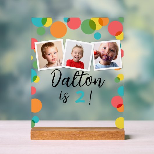 水玉模様と写真のパーソナライズされた誕生日 アクリルサイン (ニュートラル)