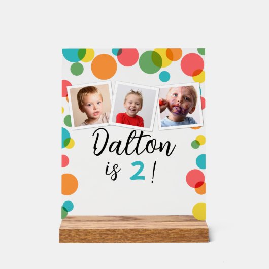 水玉模様と写真のパーソナライズされた誕生日 アクリルサイン (正面)
