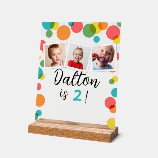水玉模様と写真のパーソナライズされた誕生日 アクリルサイン (傾斜)